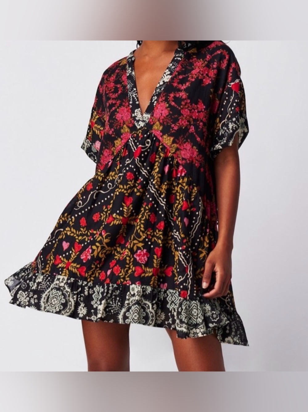 Free People Printed Agnes Red/Black Mini Dress LIKE NEW size L